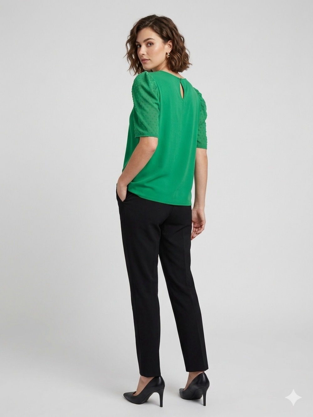 Adrianna Papell Emerald Green Short Sleeve Blouse with Dotted Chiffon Sleeves
